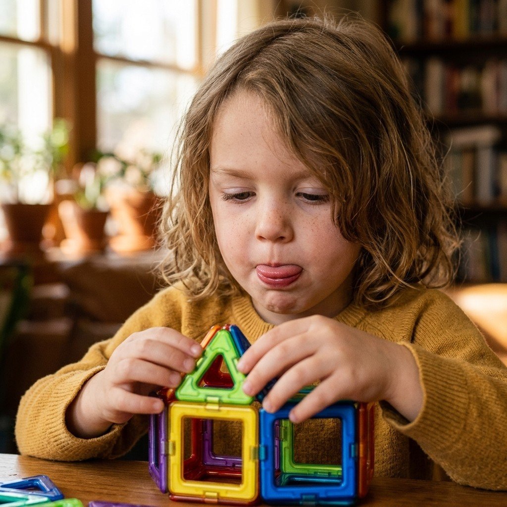 Child deeply focused building magnetic blocks