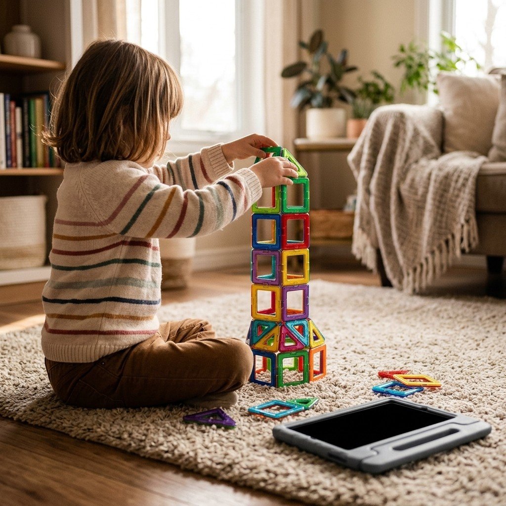 Child building magnetic blocks instead of using a tablet