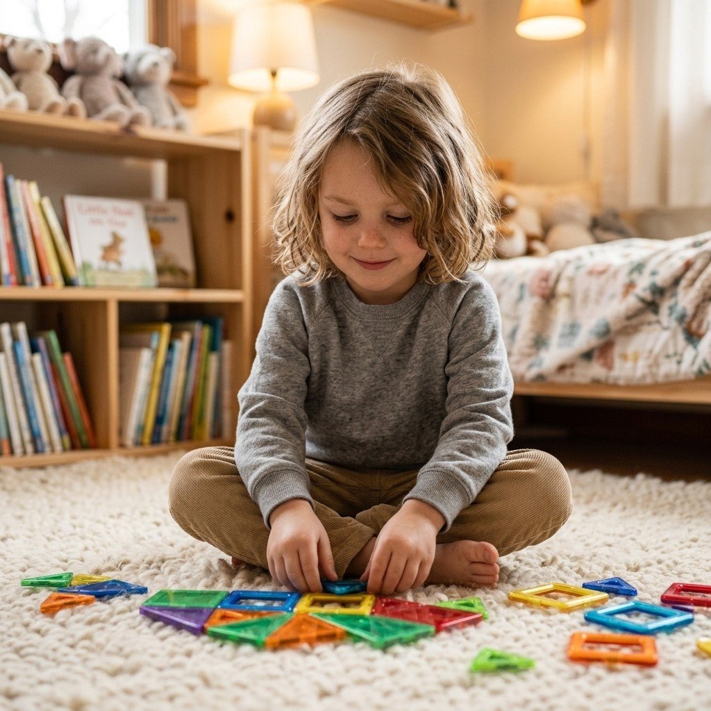 Calm child exploring magnetic tiles