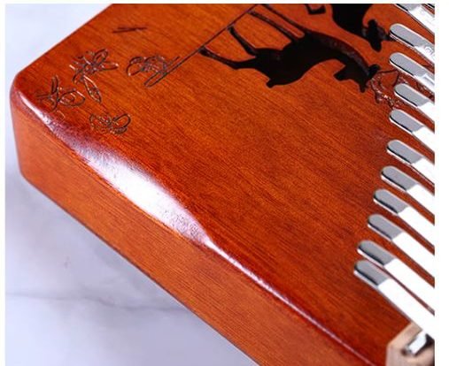 Close-up of the mahogany body and hand-engraved artwork